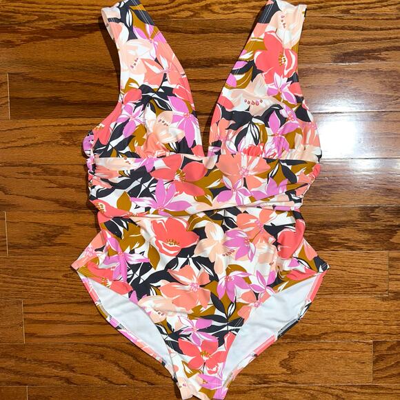 NWT Kona Sol Pink Grey Floral High Coverage One Piece Swimsuit Size Large - Picture 2 of 11